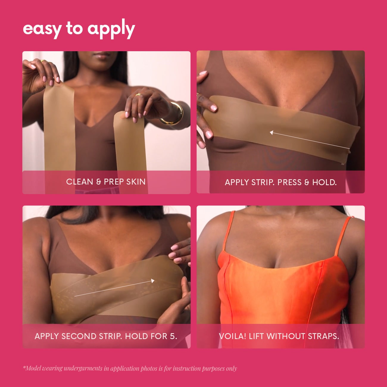 Step-by-step guide on applying CAKES Tape™ with a pink background